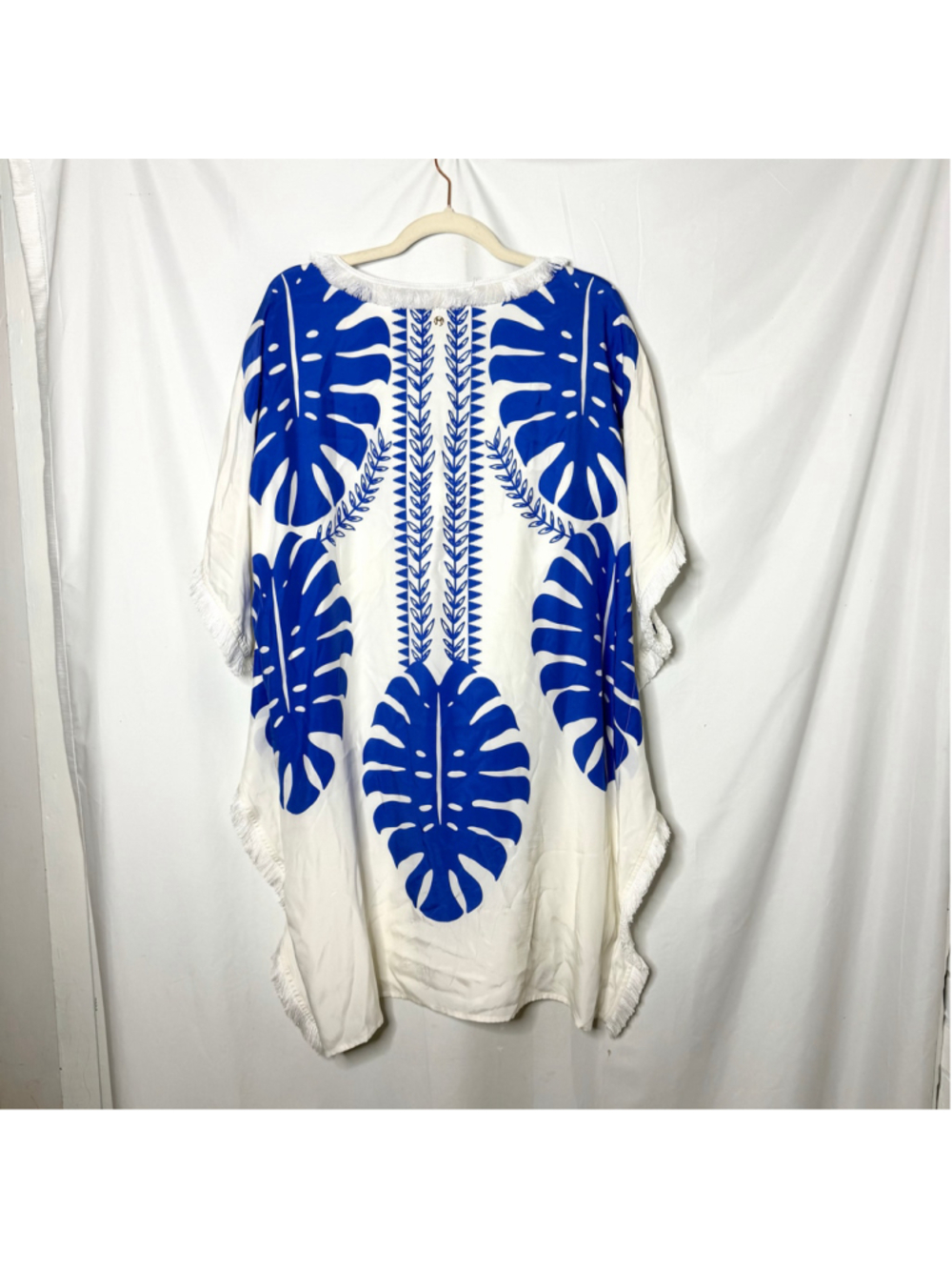 Marie Oliver Swim 100% Silk Caftan Large White Tropical Blue Leaf Print XL - Picture 3 of 7